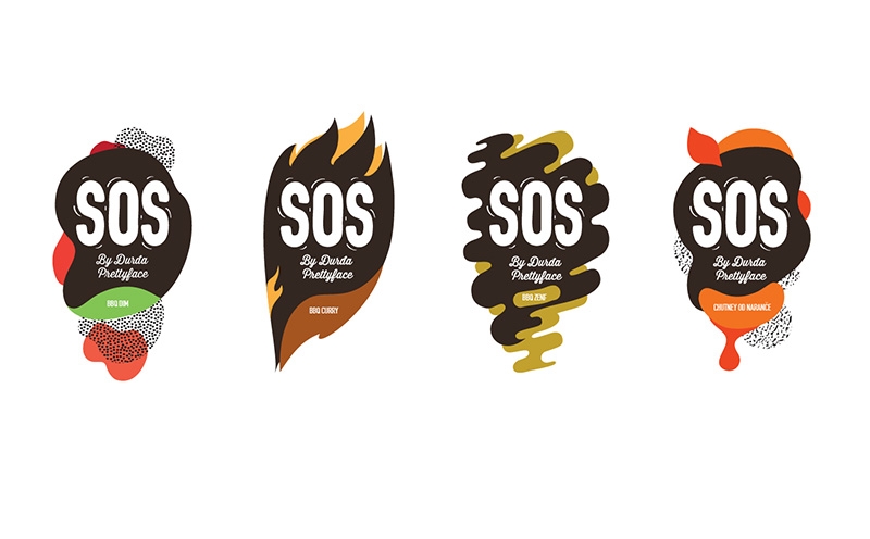 調味品包裝設計四種不同的酸甜口味——燒烤粉、燒烤咖喱醬、燒烤芥末醬和酸辣粉